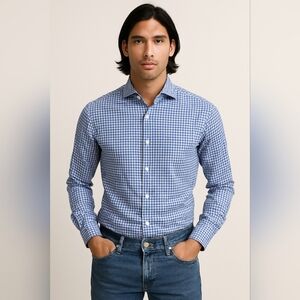 Suitsupply Linen Blue Gingham Men's Dress Shirt 40 15 3/4